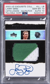 2003-04 UD "Exquisite Collection" Limited Logos Auto Patch #LL-LB Larry Bird Signed Patch Card (#14/75) - PSA GEM MT 10, PSA/DNA 10